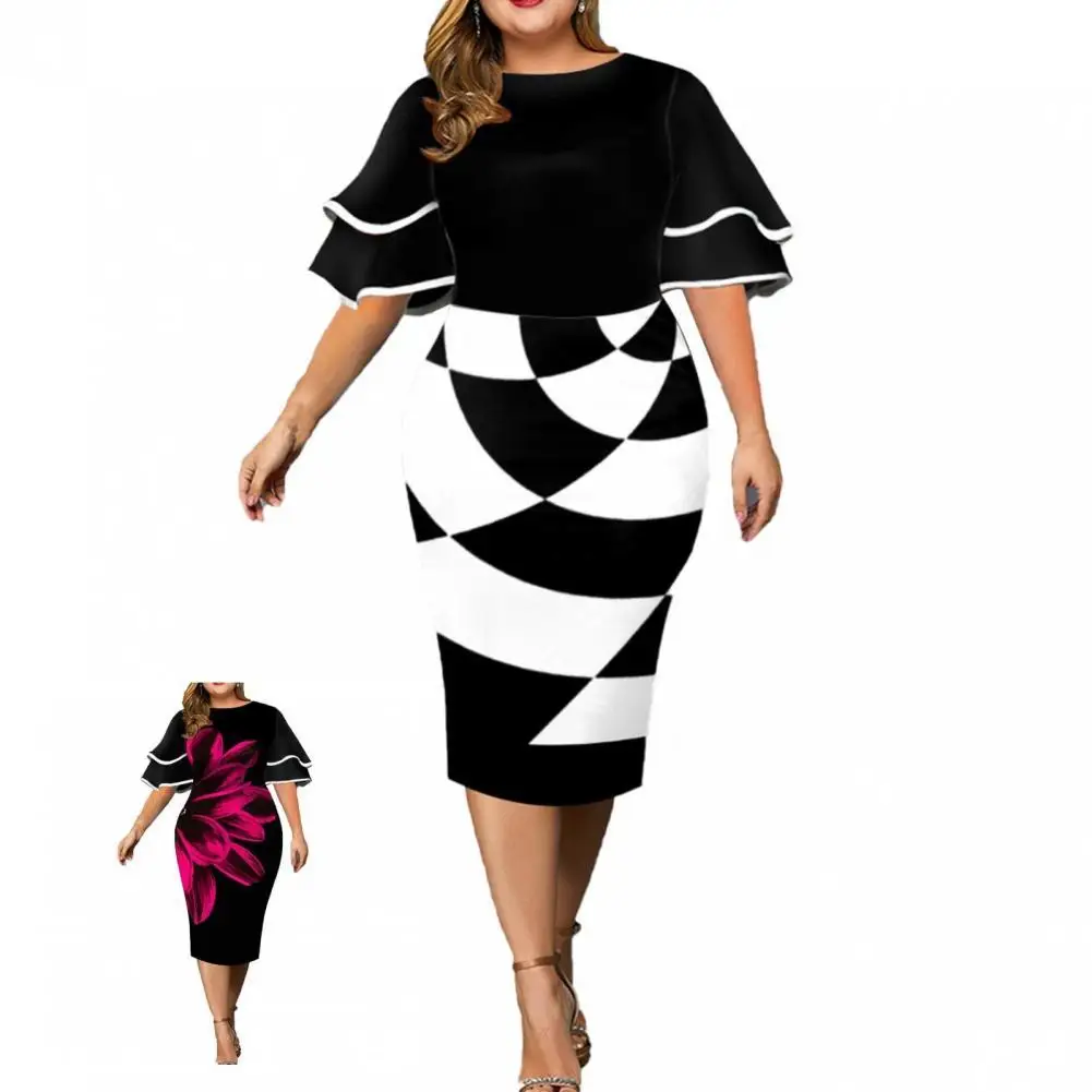 

Soft Trendy O Neck Lady Dress Print Evening Dress Plus Size for Daily Wear