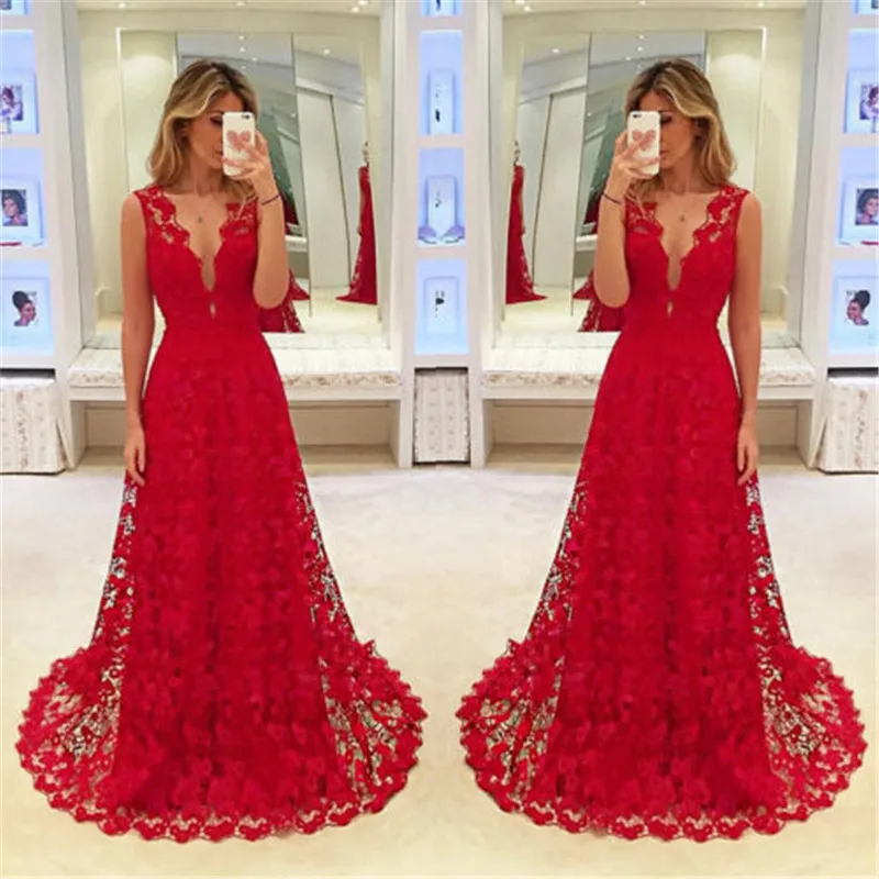 

hirigin Elegant Party Gowns for Womens Elegant Long Lace Dress Formal Party Prom Gown Dress Red Floor length Dress