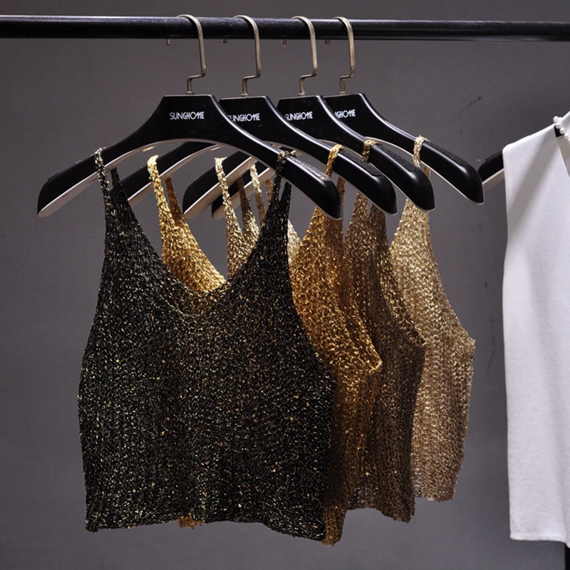 

Sparkling Sequins Half Waist Render Knitwear Hollow-out Is Sexy Waist Condole Top Cropped Sexy Streetwear Woman Tops Summer