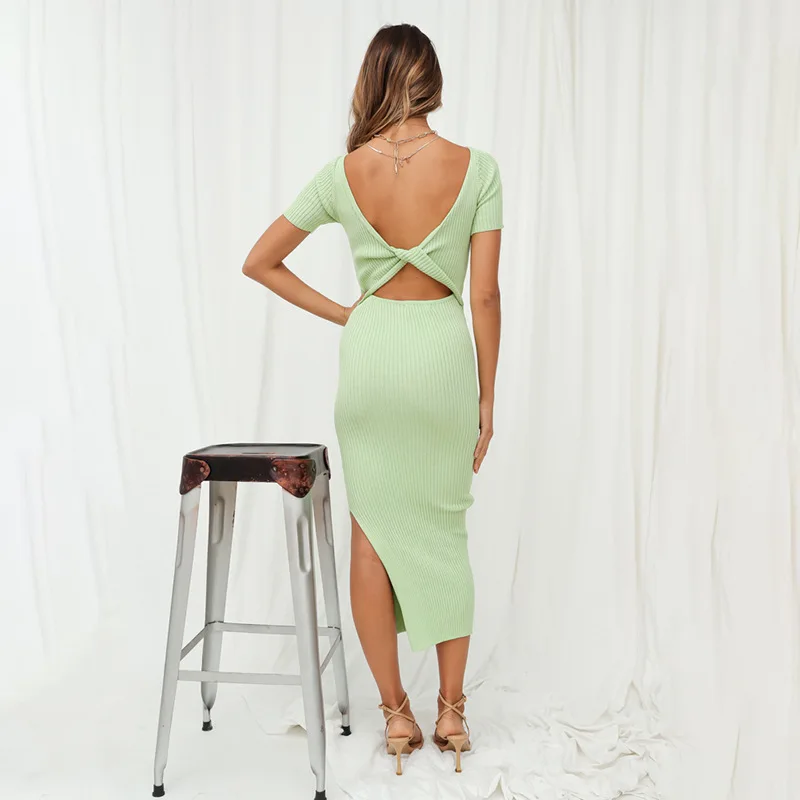 

TRODEAM 2021 New Summer Sexy Dress For Women O-Neck Bandage Dress Green Casual Crossed Backless Long Dresses vestido de mujer