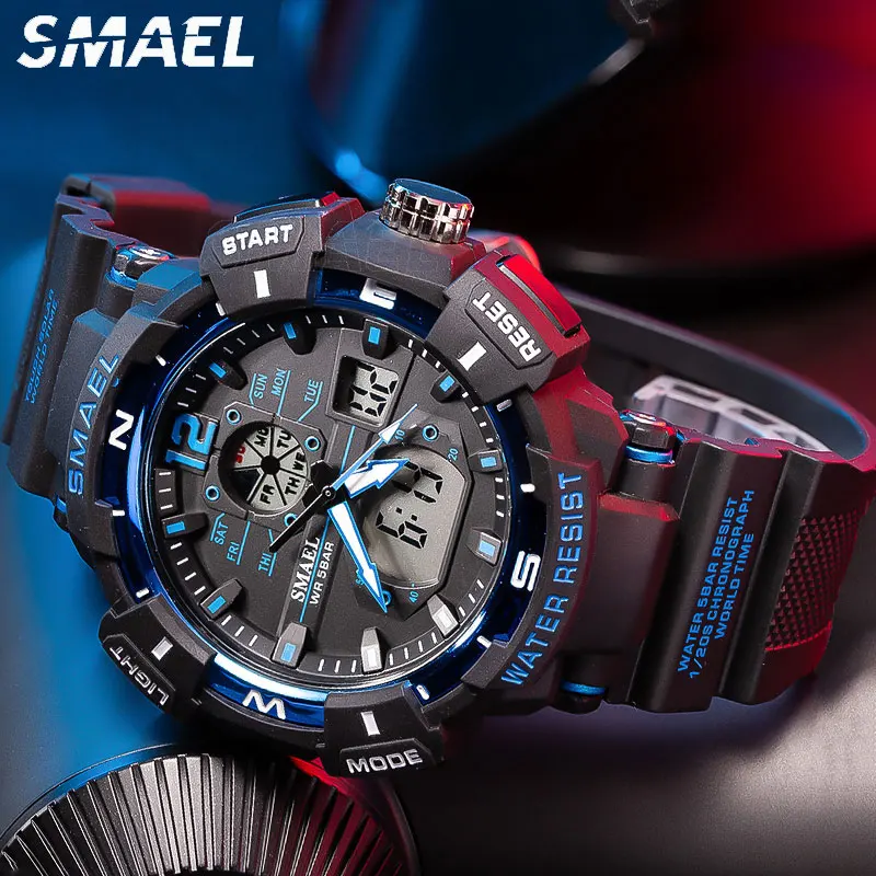 

SMAEL Men's Watches Multi-Functional Electronic Watch Outdoor Sports Dual Display Waterproof Military Digital Quartz Wristwatch