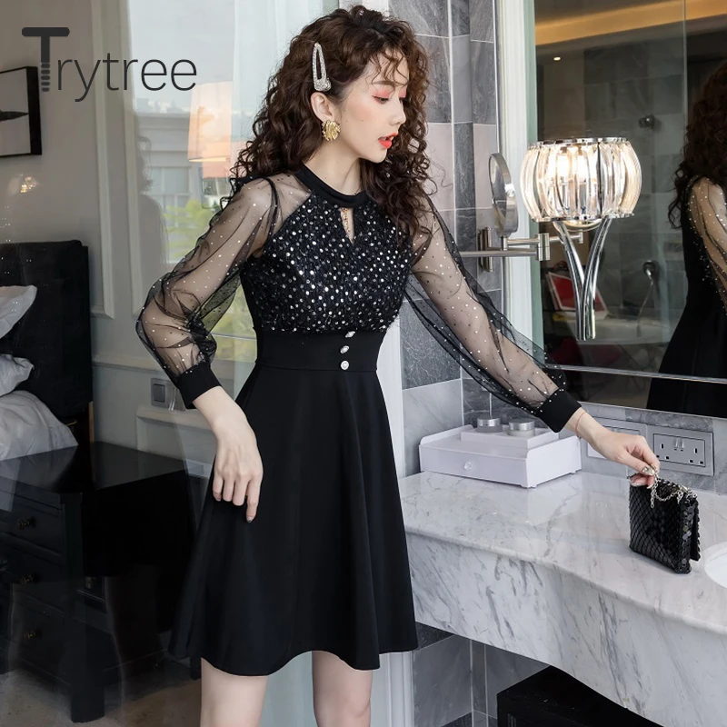 Trytree 2020 Autumn Winter Women Dress Casual O-neck Patchwork Hollow Out Button Tassel Fashion Temperament Mini A- line | Женская