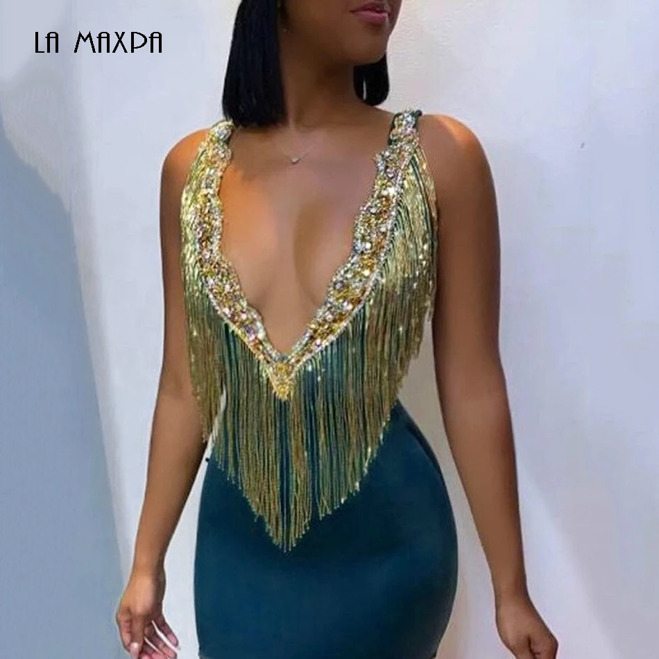 Женское Бандажное платье модное без рукавов с треугольным вырезом украшенное