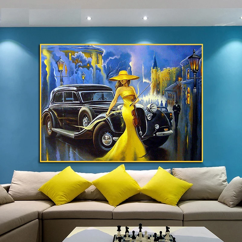 

Portrait Woman With Violin Leaning In Front Of Car Oil Painting Print Poster Wall Art Pictures Canvas Painting Home Decoration