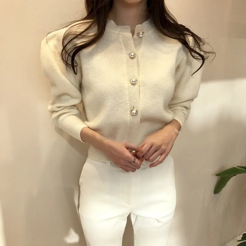 RealShe вязаный женский кардиган с О-образным вырезом и длинным пышным рукавом