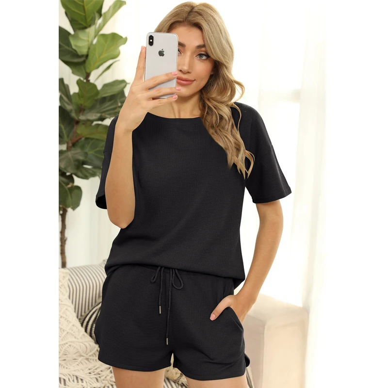 Summer Two Piece Set Women shorts Casual Loose Sleepwear Set Women's Sport Sets Homewear Crop Top Shirt Shorts Set Streetwear