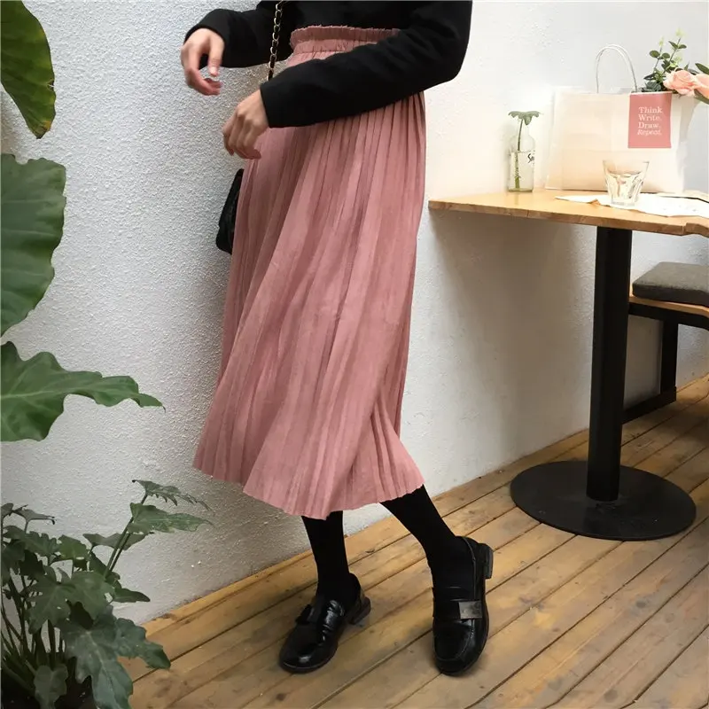 

HziriP 2021 Chic Gentle Elegance Pleated High Waist Hot Velvet Solid Girls All-Match Loose Women Streetwear A-line Skirts