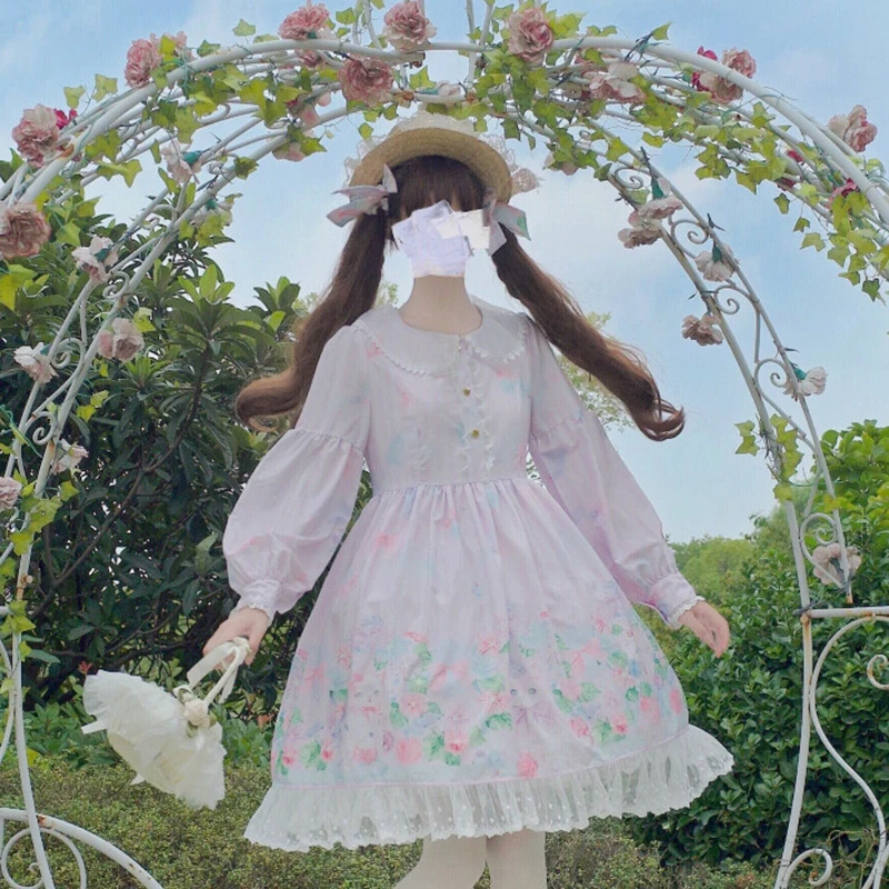 

Flower & Cat Sweet Women's Lolita OP Dress Long Sleeve Peter Pan Collar Bow Trim Dress Cute Dress One Piece Summer