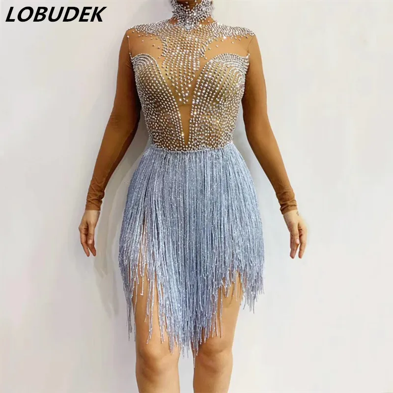 Female Singer Dancer Shining Rhinestones Fringes Bodysuit Dance Costume Fashion Birthday Club Party Tassel Transparent Bodysuits | Женская
