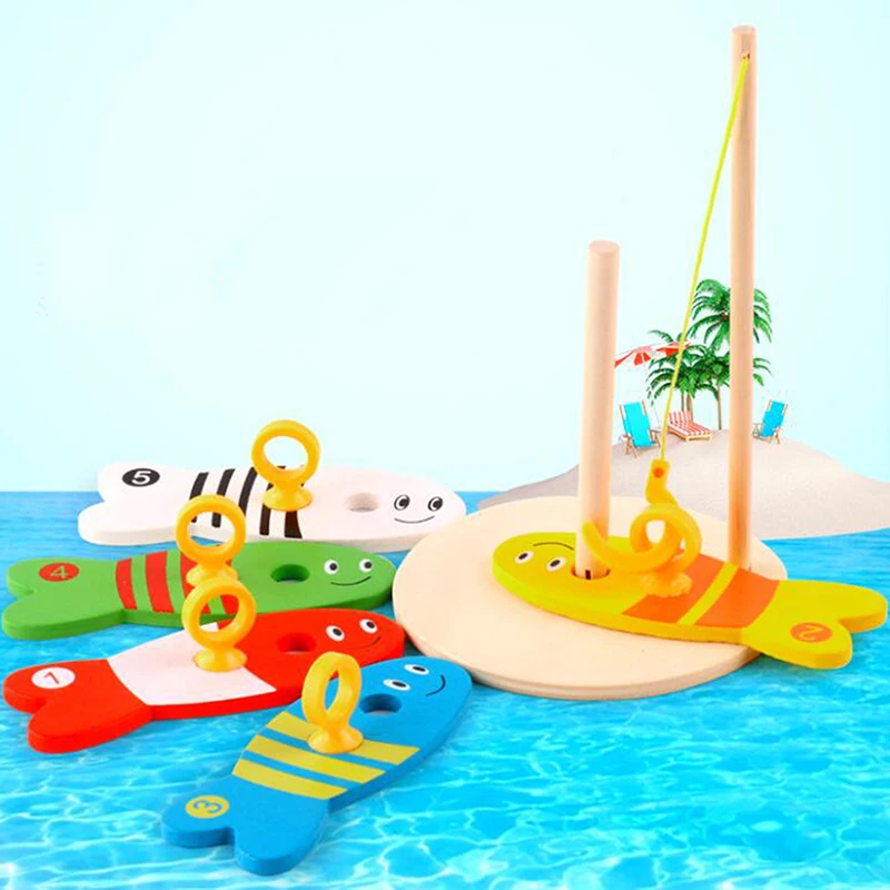 

Colorful Wooden Fishing Digital Toys Baby Kids Cute Cartoon Fish Set Column Blocks Game Children Early Educational Toy