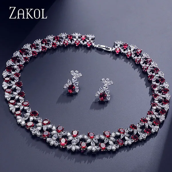 Red ZAKOL роскошные женские Ювелирные наборы Цветок проложить Циркон ожерелье серьги набор прозрачных ювелирных изделий для невесты свадебный ужин платье FSSP296 - Окраска металла: Red