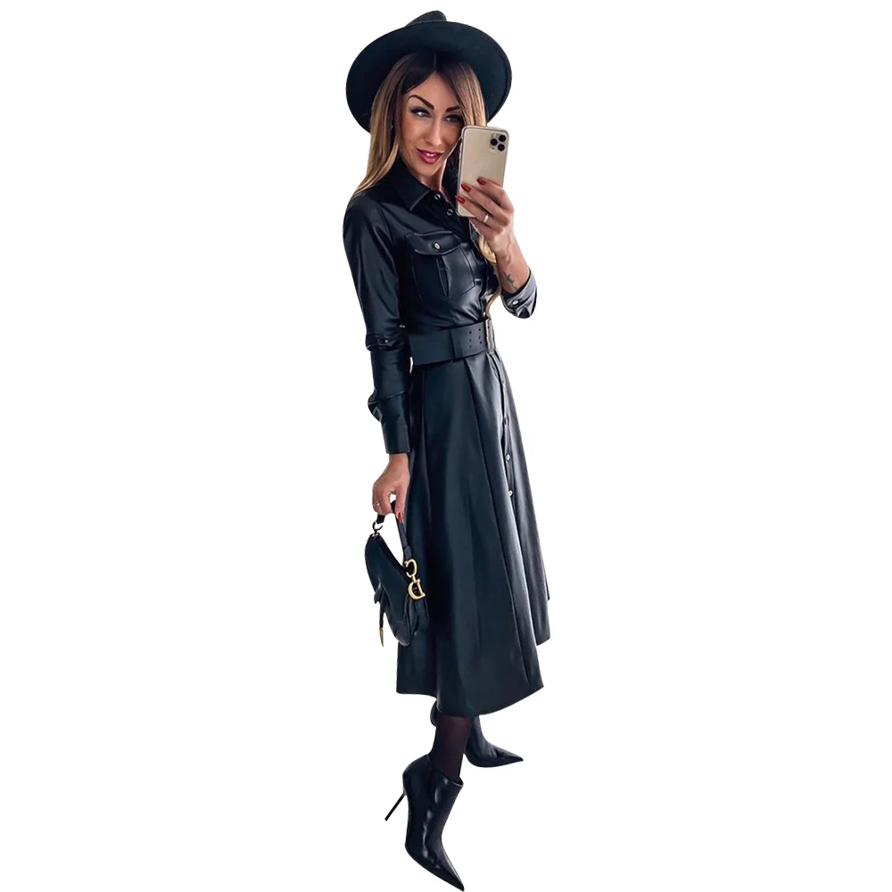 Женское платье 2020 весеннее из искусственной кожи с длинным рукавом