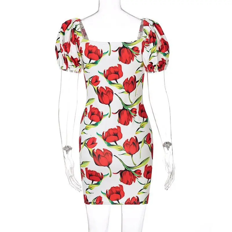 

WEPBEL Dress Women's Sexy Floral Print Slim Dress Summer Casual Short Puff Sleeve Backless High Waist Slash Neck Dress