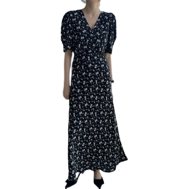 

Korean Chic Summer Lace-up Waist-Controlled Slimming Puff Sleeve Cute Youth-Looking Vintage Floral V-neck Long Dress
