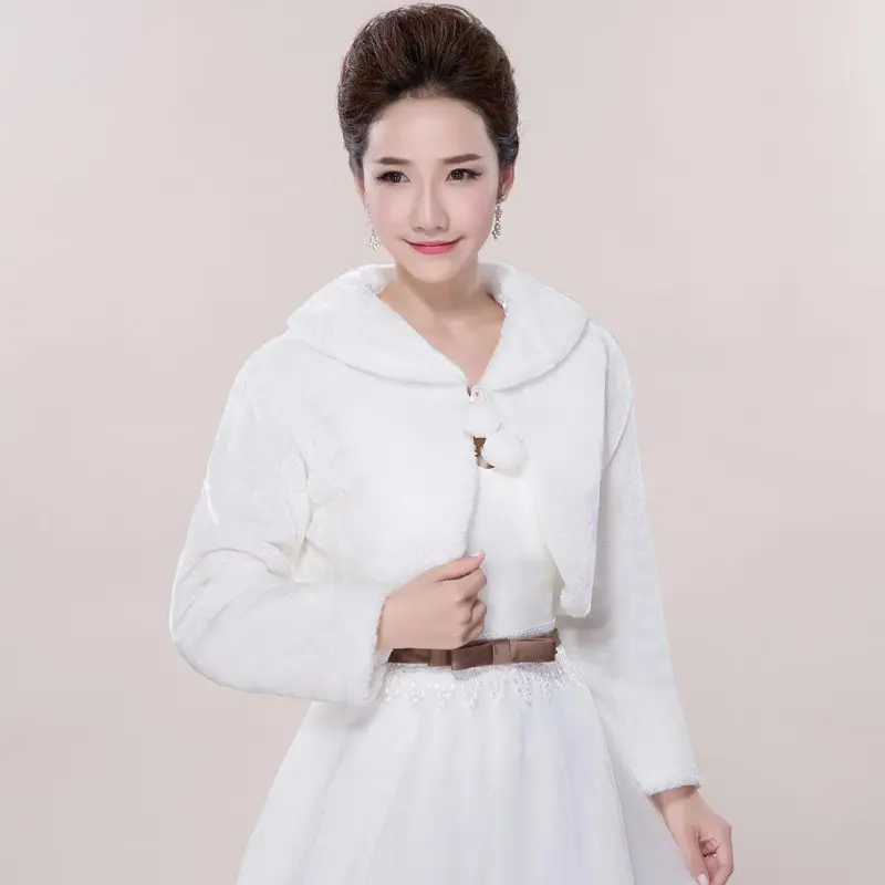

Womens Winter Warm Long Sleeve Plush Bolero Jacket Wedding Party Bridal Lapel Collar Coat Wraps Shawl with Lace Up Pompom Tie