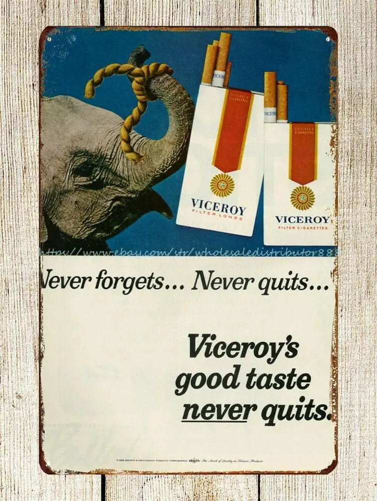 

decoration design 1969 Ad, Viceroy Filter Cigarettes, Elephant metal tin sign