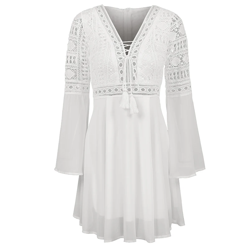 

Novas meninas branco mini vestido moda feminina primavera branco mini rendas roupas casuais v-neck vestidos de manga comprida