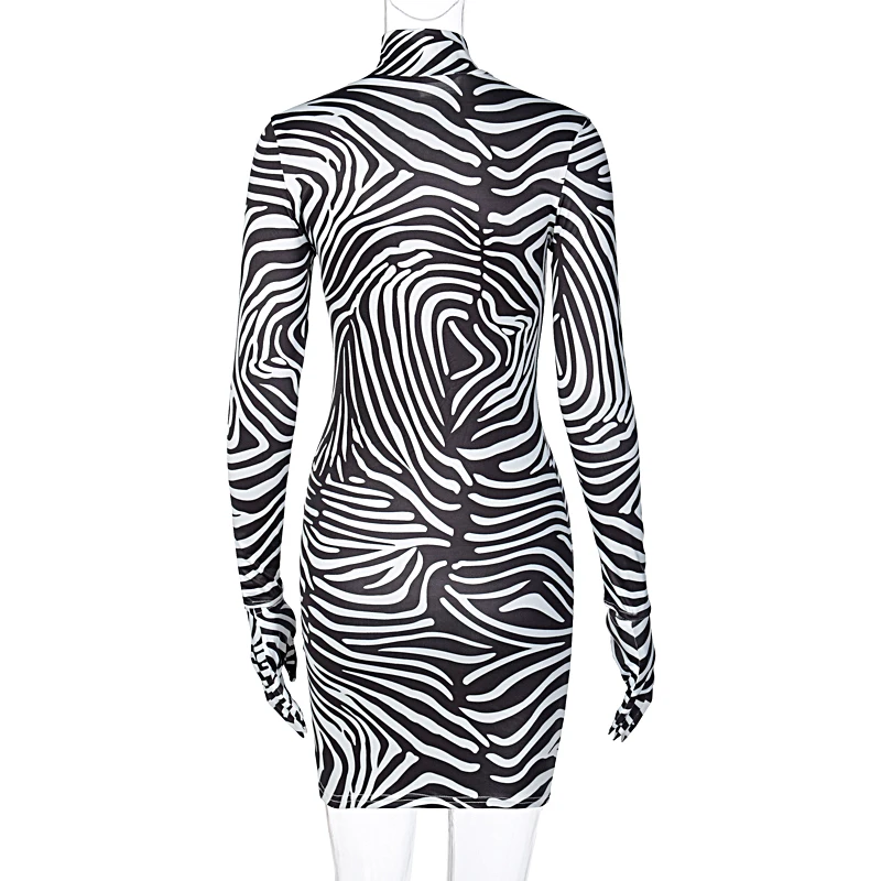 

Zoctuo Zebra Print Sexy Bodycon Mini Dress Long Sleeve Dress With Gloves Autumn Women Fashion Party Club Dresses For Women