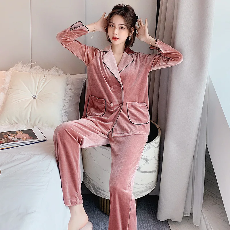 

Velvet Female 2PCS Pajamas Suit Spring Autumn Sleep Set Nightwear Velour Home Clothing Intimate Lingerie Novelty Pink Sleepwear