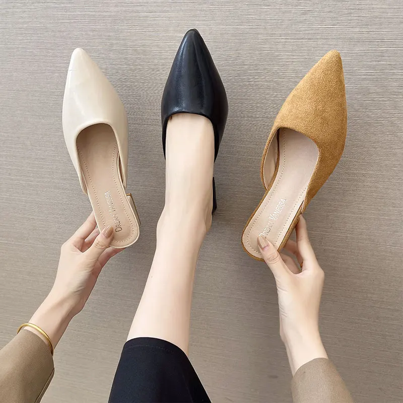

Female Shoes Cover Toe Womens Slippers Outdoor Square heel Loafers Low Luxury Slides Med 2022 Block Designer Soft Pointed Rubber