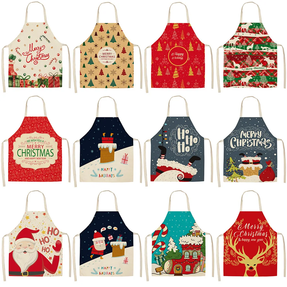 

Christmas Cartoon Print Kitchen Apron Men Women Chef Cooking Aprons Bibs Cotton Linen Waist Apron Cleaning 68*55cm WQ-0202