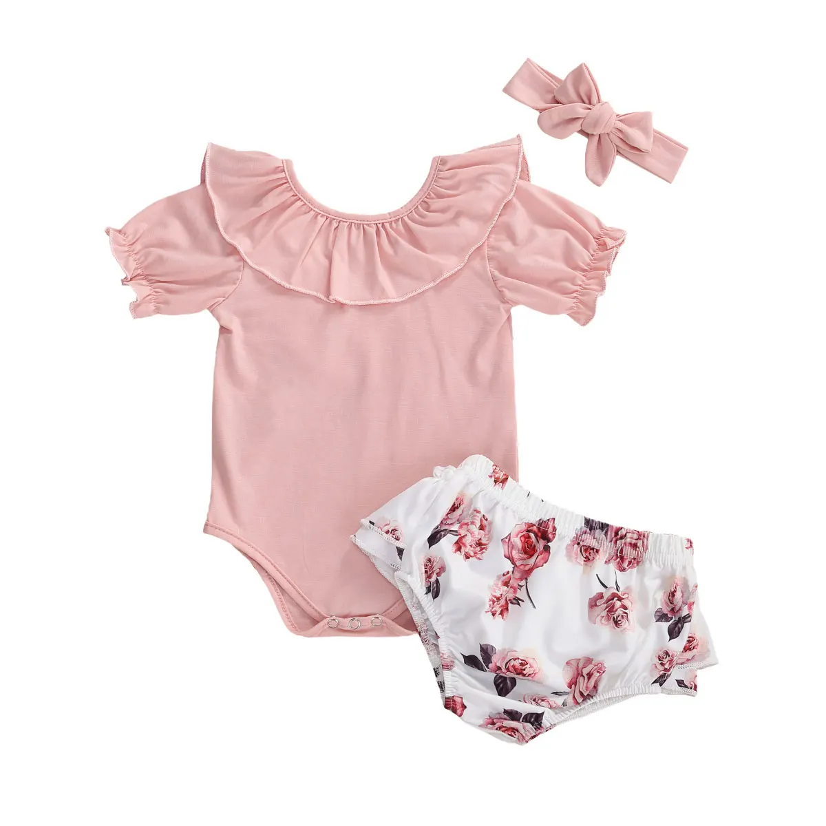 

2020 Summer Toddler Girls Ruffle Short Sleeve Solid Color Round Collar Romper Tops + Shorts + Headband Set 0-24M Baby Clothing