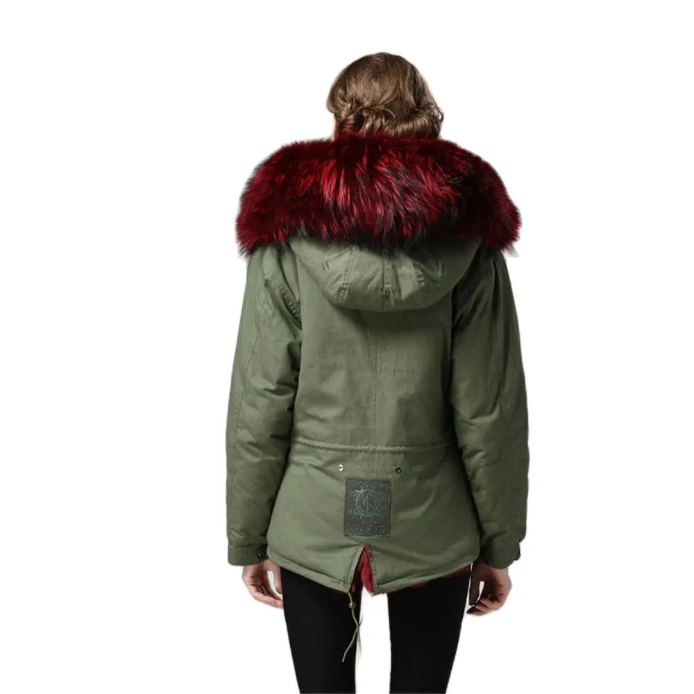 Mhnkro army green cotton shell beautifull huge raccoon fur collar short warm parka mrs winter wear XS-4XL plus size