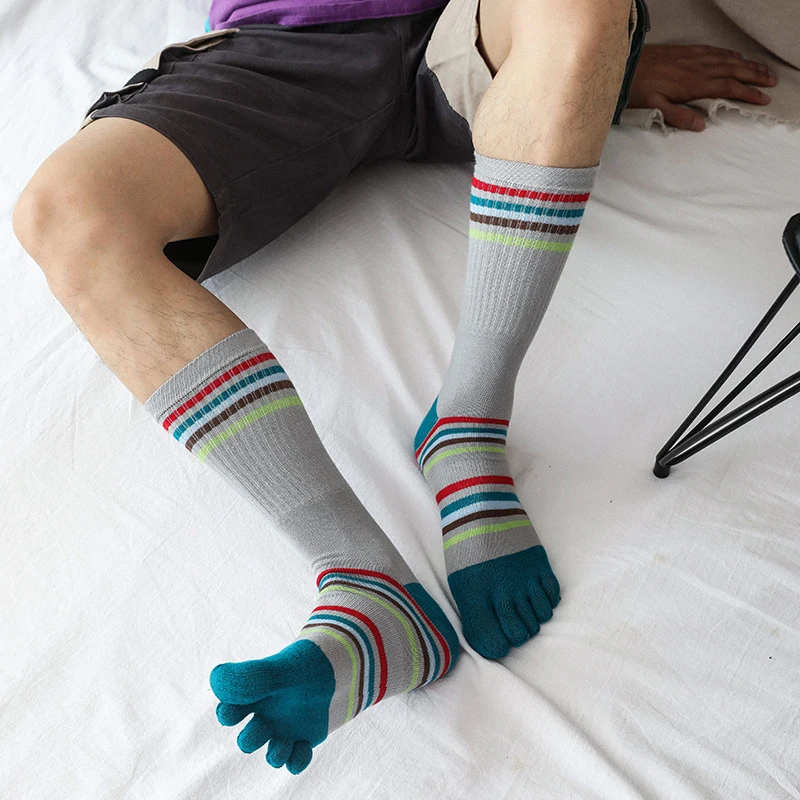 

Breathable Warm Tube Socks Mid-Calf Stripe Colorful Men Finger Socks Thicken Comfortable Five Toe Absorbs Sweat Toe Socks