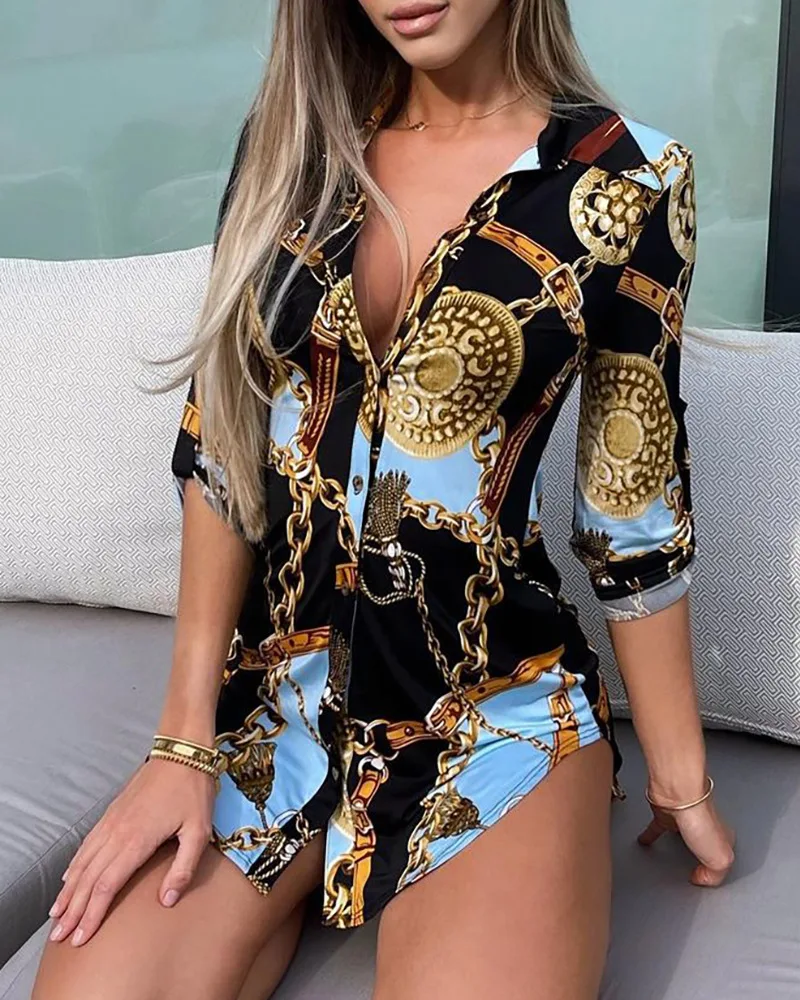

Scarf Chain Print Long Sleeve Skinny Shirt