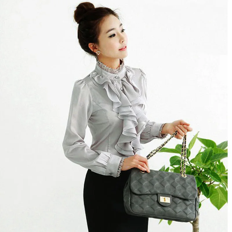 Блузка женская с воланом и воротником-стойкой роскошная шелковая рубашка под