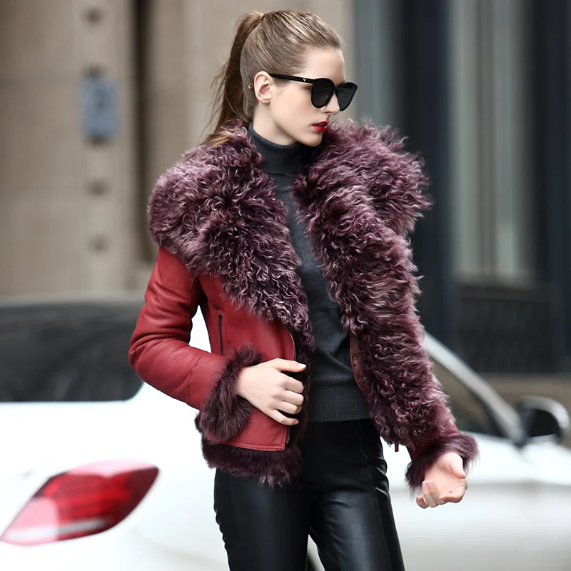 

SHZQ Sheepskin Coat for Women Female Fashion Genuine Leather Jacket Mongolia Sheep Fur Collar Animal Skin Leather Outwear