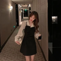 vintage elegant dress for women patchwork long sleeve office lady dress female slim black one piece dress korean summer 2021