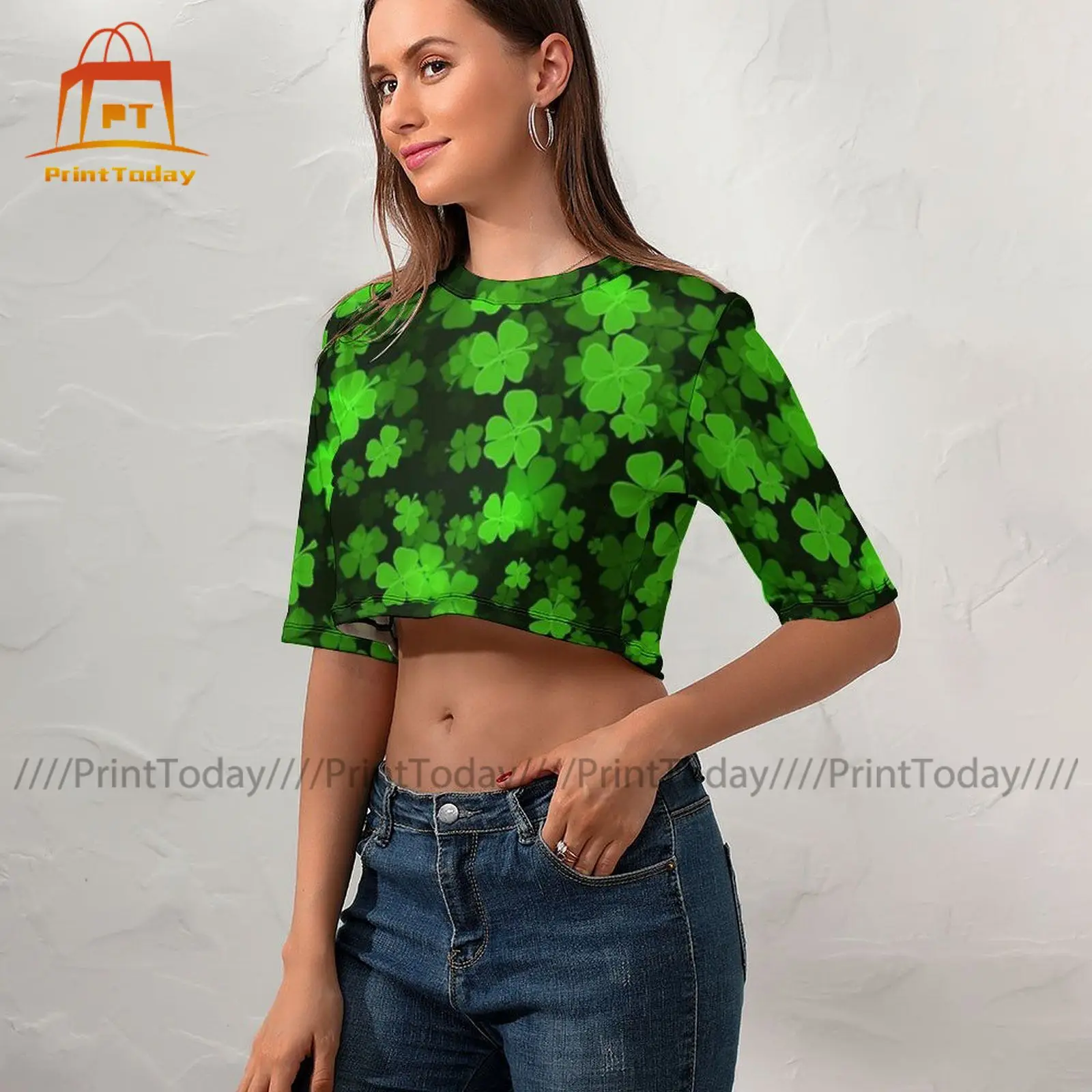 

Leaf Crop Tshirt Short Sleeve Ladies T Shirt Summer Trendy O Neck Graphic Polyester T-Shirt