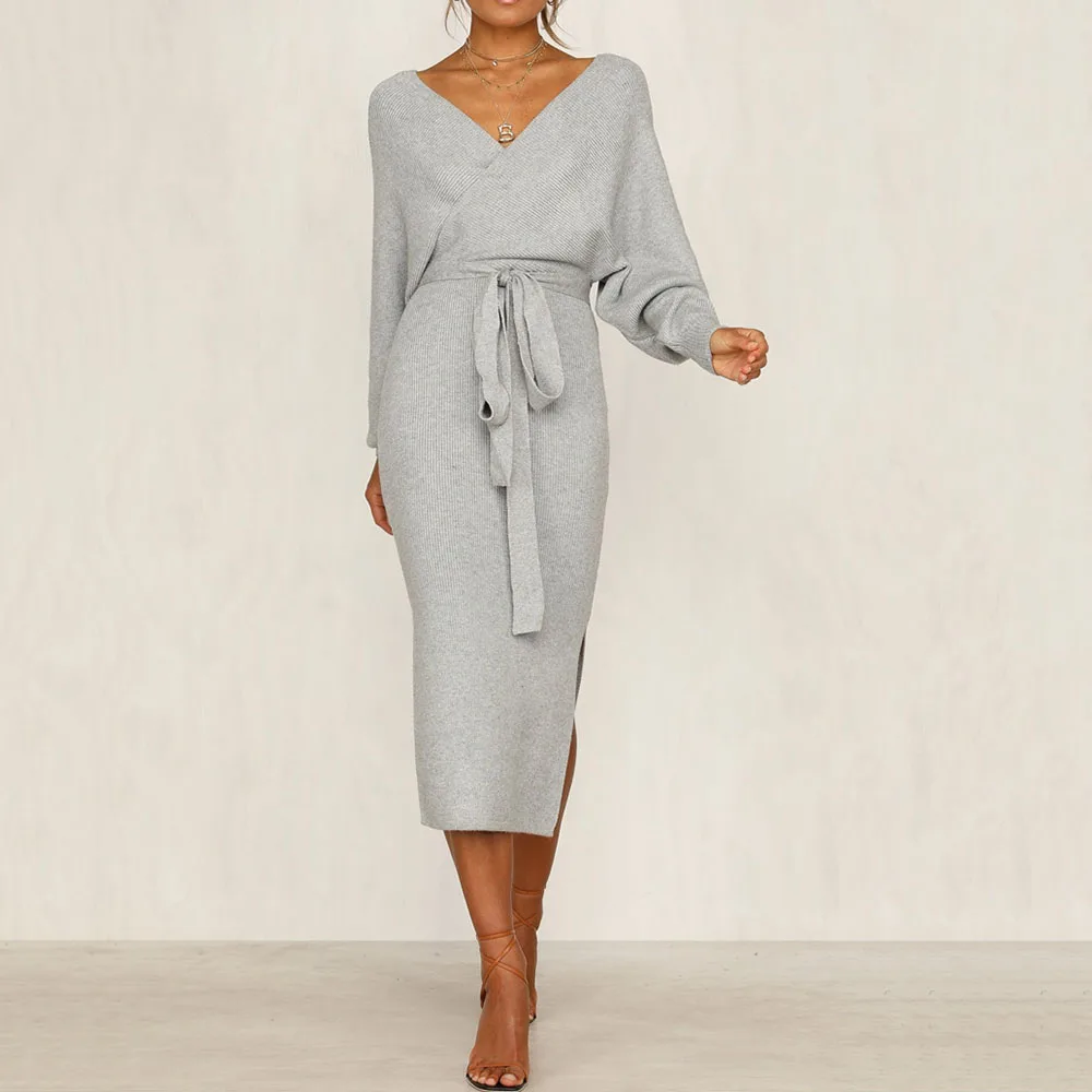 Элегантное трикотажное платье-свитер женское осеннее сексуальное платье с