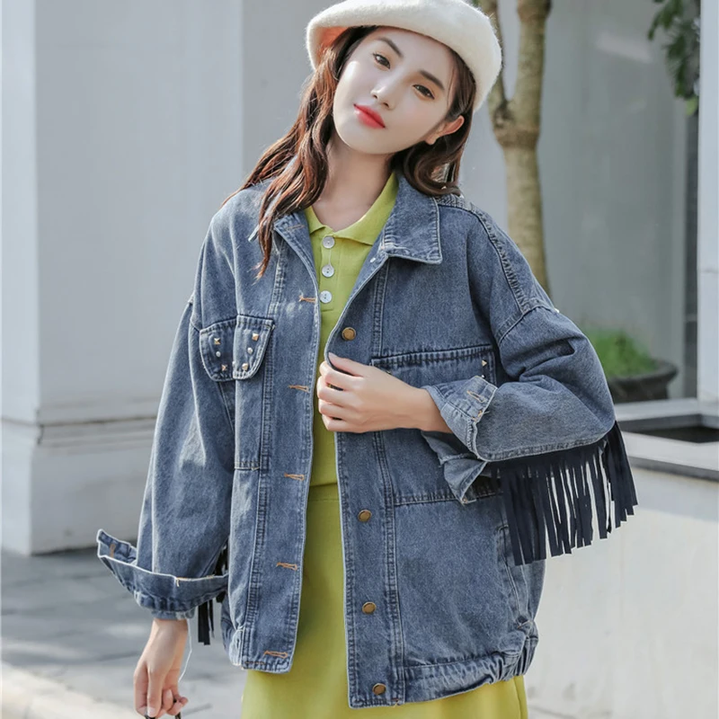 

Handwork Rivet Tassel Embroidery Denim Jacket Women Outerwear Streetwear Loose Chaquetas Mujer Black Jeans Jacket Coats Female