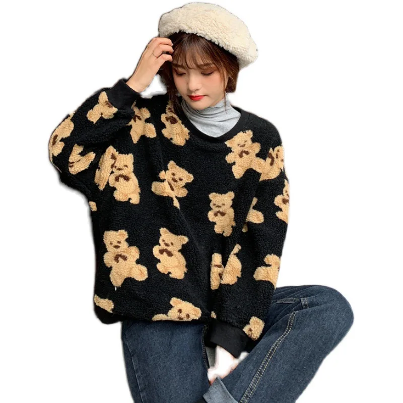 

Tops Korean Winter Sweatshirts Lamb Hair Kawaii Cartoon Bear Print Long Sleeve O Neck Thick Warm Harajuku Hoodie Ladies Fashion