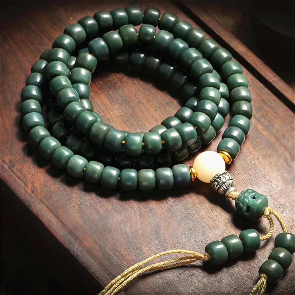 7*9mm Original Natural Green Bodhi Seed 108 Beads Mala Bracelet Buddha Charm Long Tassel Sweater Chain Prayer Yoga Necklace