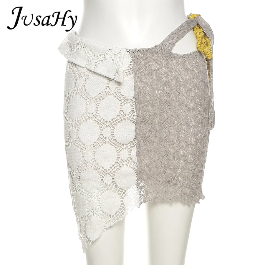 

JusaHy Summer Paelled Hollow Short Skirt Knitting Contrast Color Strap Stitching Design Women's Clothes Slim Skinny Skirts Hot