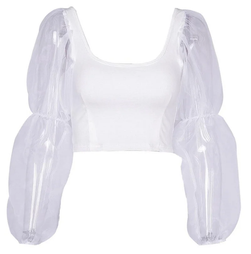 

Women's Puff Sleeve Cropped Top T-Shirt Party Ladies Square Neck Sexy Mesh Stitching Long Sleeve Vest Short Top Ladies Clothing