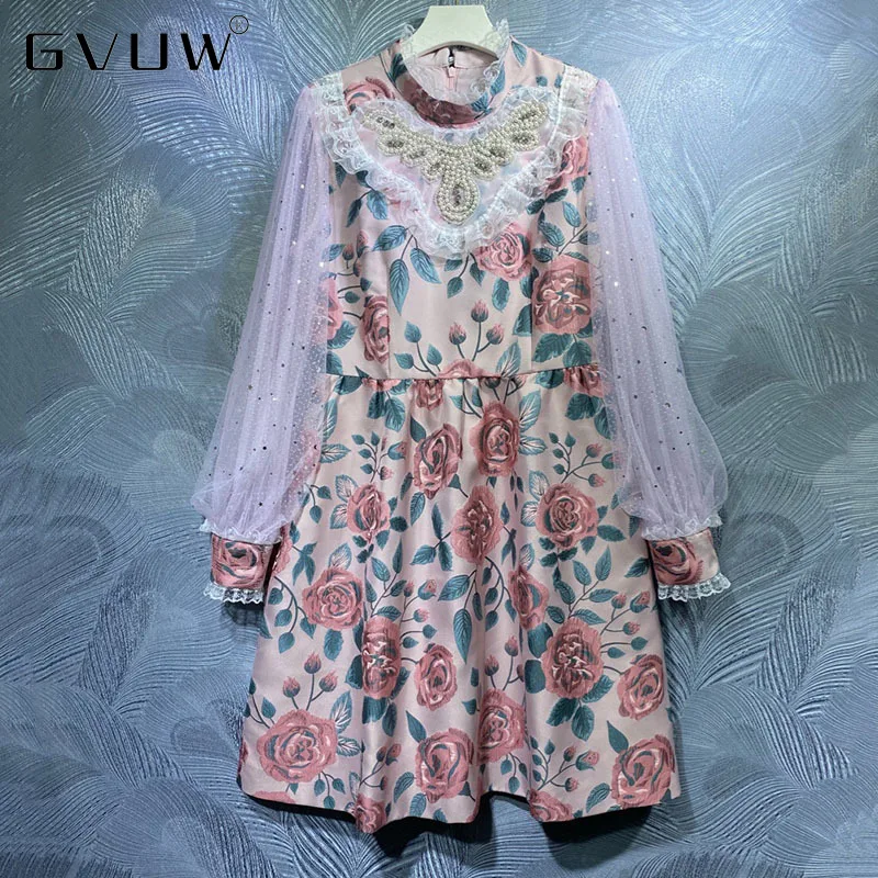 

GVUW Women's 2021 Autumn New Stand Collar Lace Studded Dress Kb61174 floral print dress diva mini red paisleyhigh quality