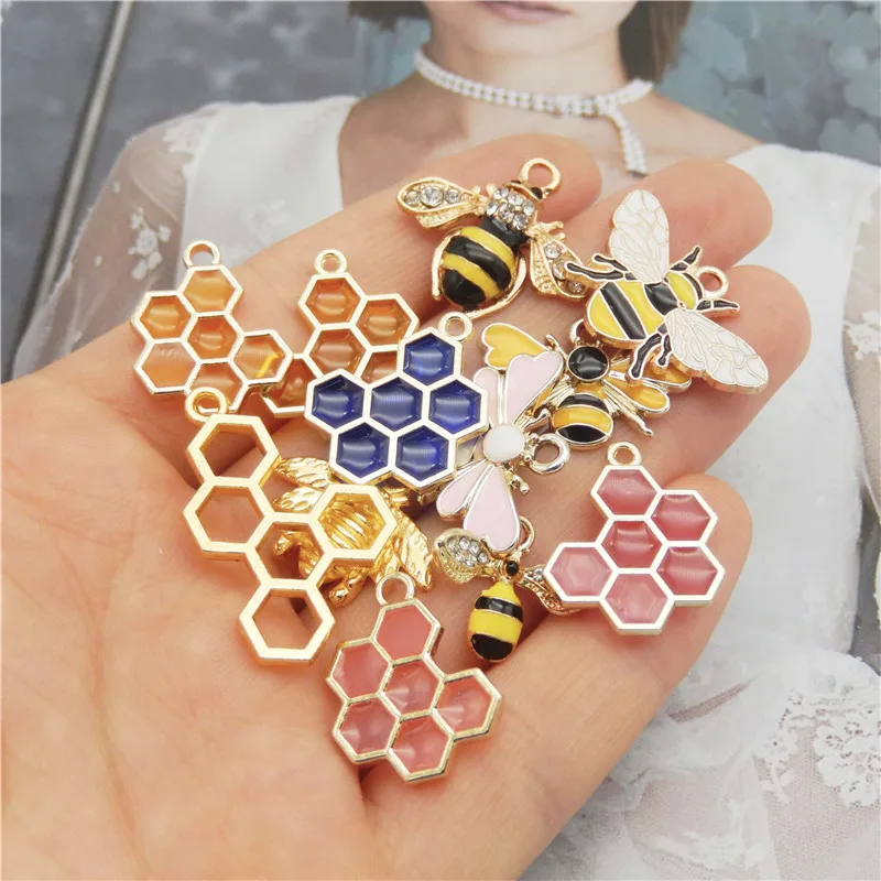 

Julie Wang 12PCS Enamel Bee Hive Charms Mixed Honeybee Honeycomb Pendants Alloy Necklace Bracelet Jewelry Making Accessory