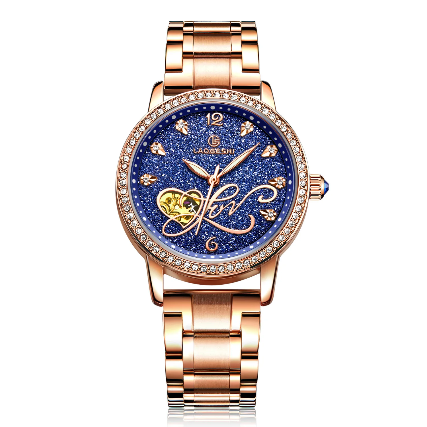 Rose Gold-Blue LAOGESHI Топ бренд механические часы Роскошные полностью из нержавеющей стали автоматические женские наручные часы модные водостойкие женские часы - Цвет: Rose Gold-Blue