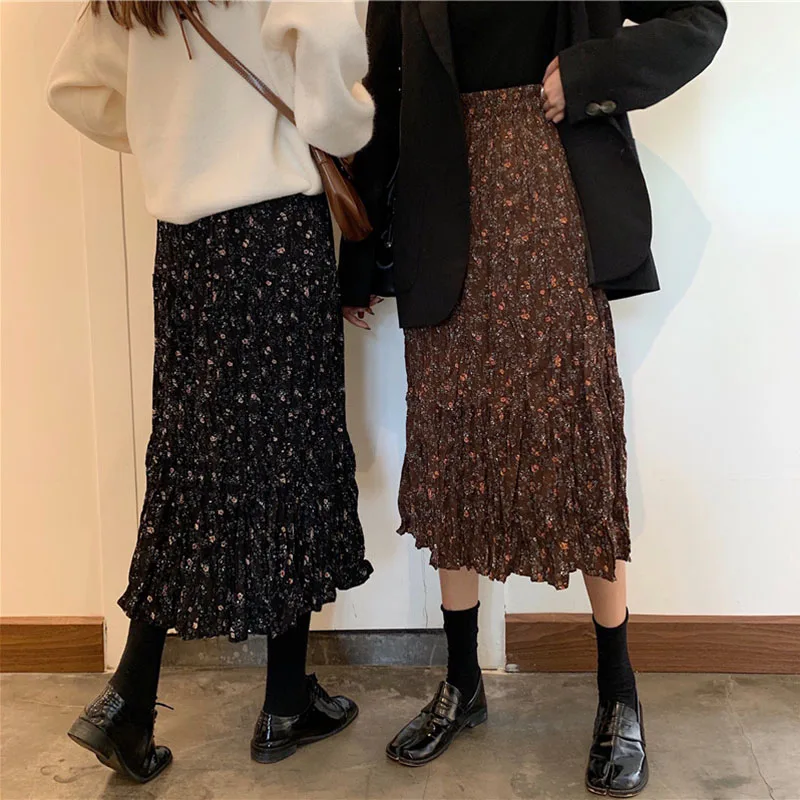 

2021 New Red Floral Printing Midi skirts High Waist A-line Long Skirts Womens Elastic Faldas Korean Streetwear harajuku skirt