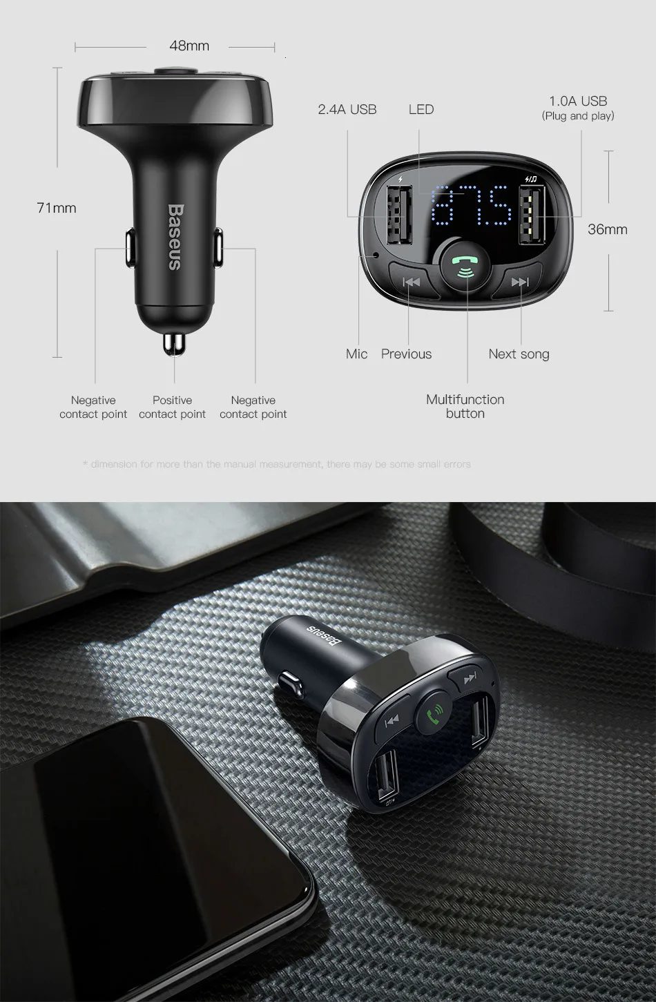 Baseus fm-передатчик Handsfree Bluetooth автомобильный комплект для мобильного телефона lcd MP3-плеер с 3.4A двойное автомобильное usb-устройство для зарядки телефона