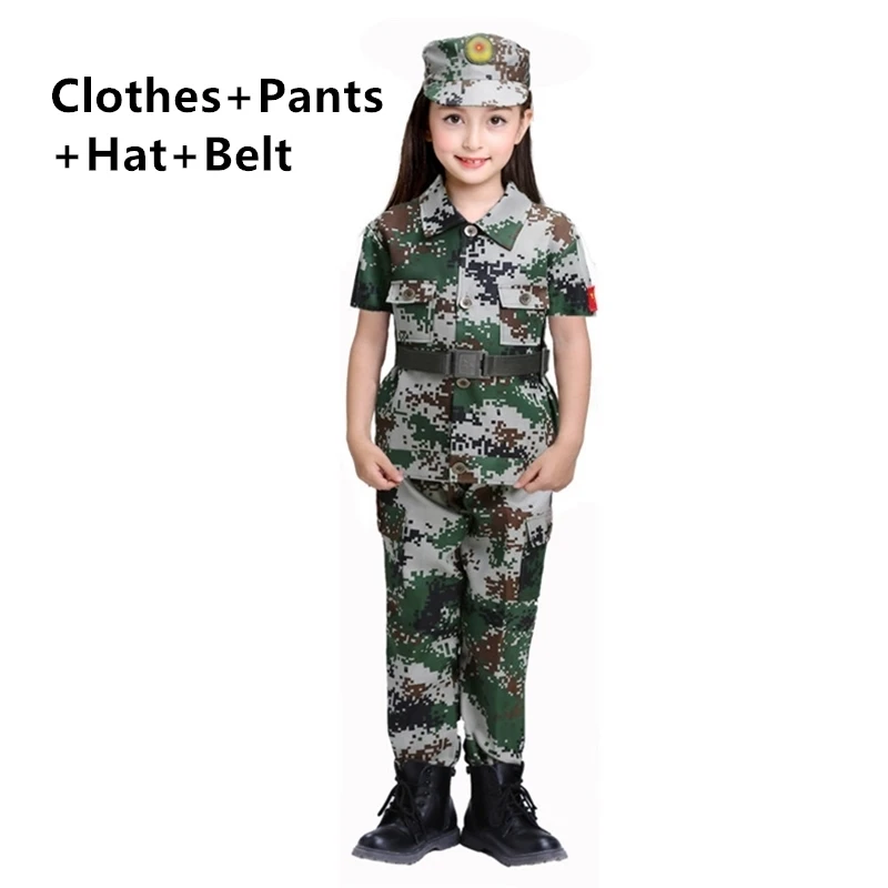 Color2 set Детская военная форма, одежда для скаутинга в армейском стиле, камуфляжная детская одежда для костюмированной вечеринки+ штаны+ шляпа+ пояс, комплект для мальчиков и девочек, праздничные костюмы - Цвет: Color2 set