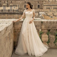 vintage princess wedding dress with 34 sleeves illsuion backless button back floor length long train vestido de novia 2021