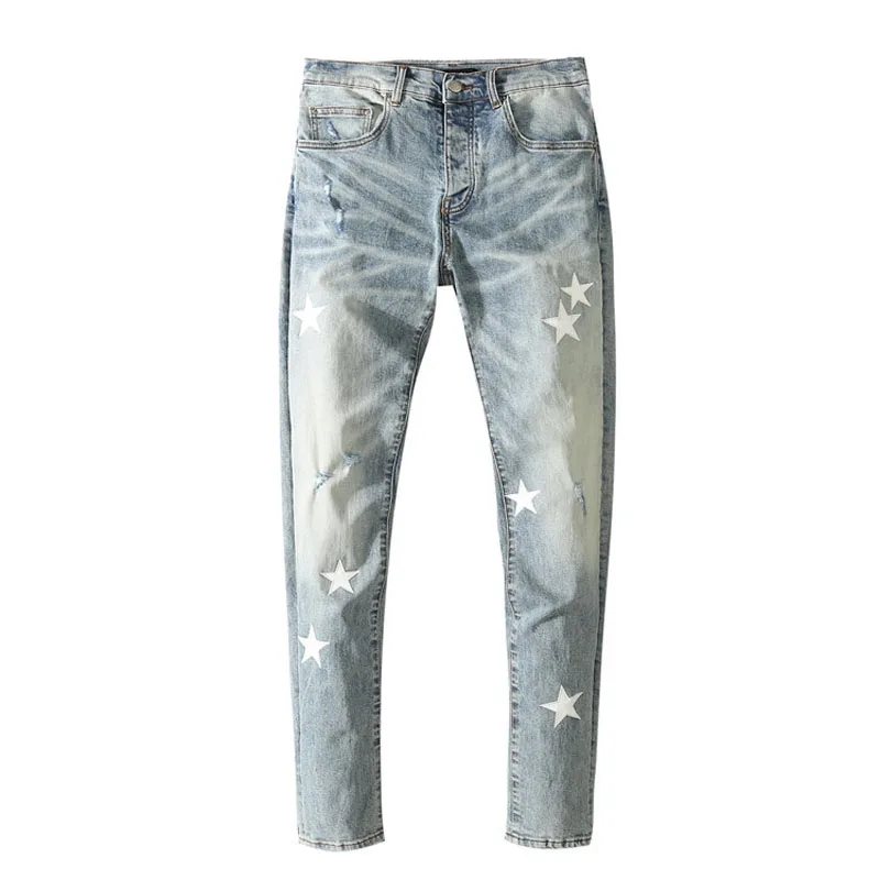 

New men's jeans male 2021 trousers fashion brand embroidery white star fight leather wash patch make old high street denim pants