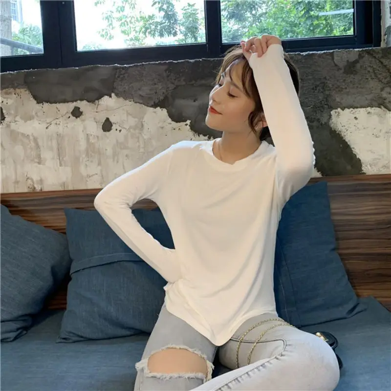 Женская Осенняя футболка с длинным рукавом в Корейском стиле Harajuku одноцветная