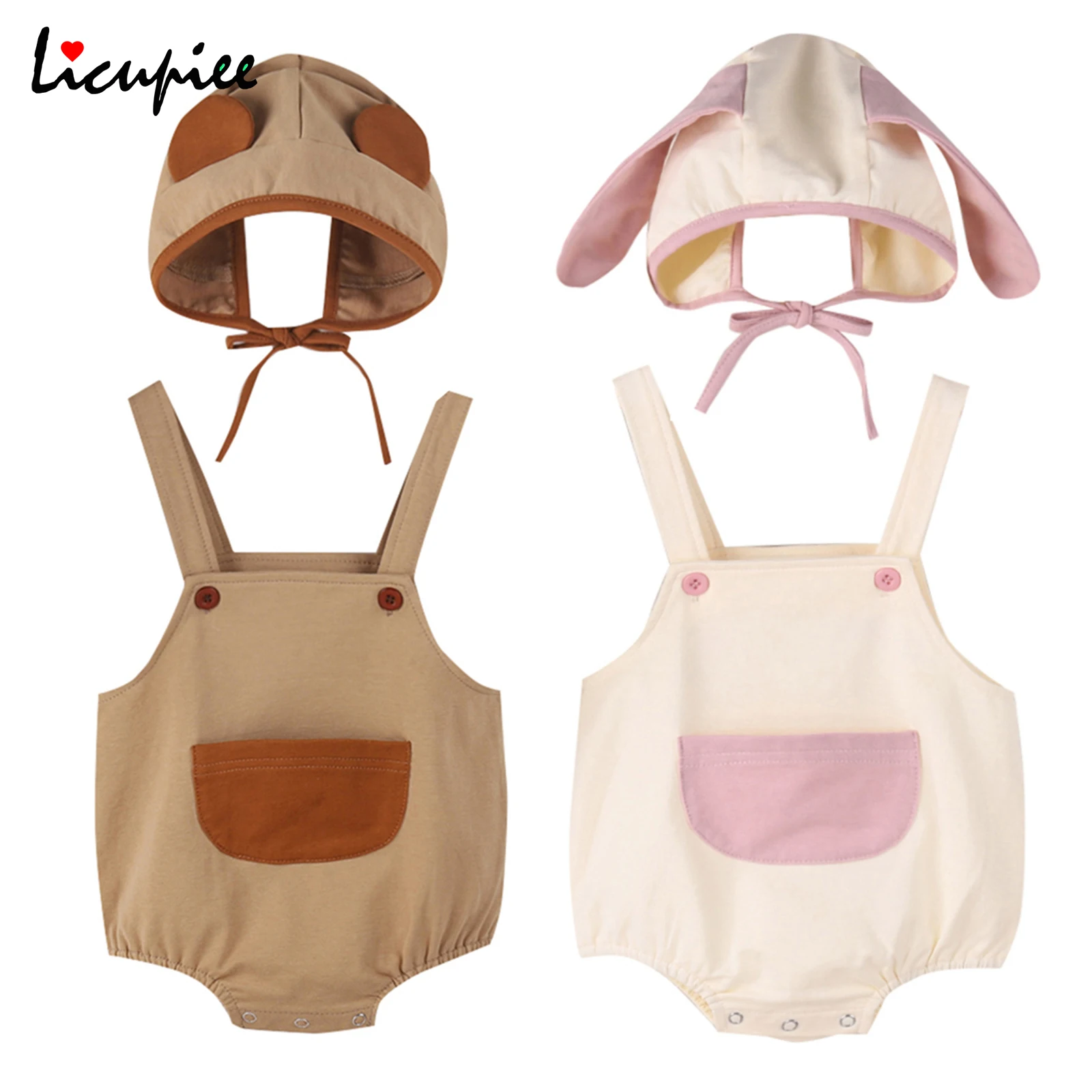 

0-24 Months Breathable Baby Girls Boys Romper Sweet Style Infant Summer Creative Pocket Sleeveless Suspender Jumpsuit + Cute Cap