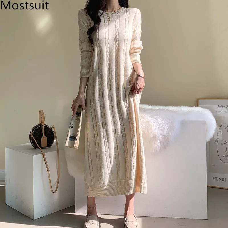 

Korean Twisted Knitted Sweater Long Dress Women 2020 Winter Full Sleeve O-neck Dresses Elegant Vintage Ladies Vestidos Femme